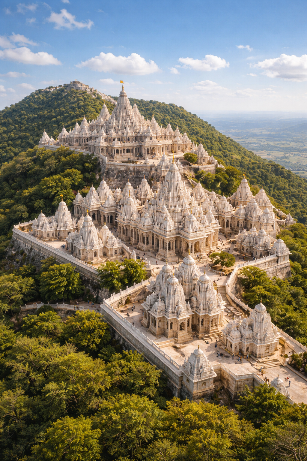 Aerial view of Palitana Shatrunjaya hilltop Jain temples, hundreds of white marble temples clustered together creating a white sacred city on a green hillside against blue sky, sacred Jain pilgrimage site -- HD wallpaper